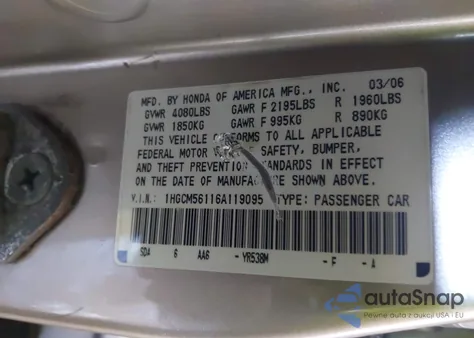 2006 Honda Accord 2.4 Vp from USA, damaged, VIN 1HGCM56116A119095